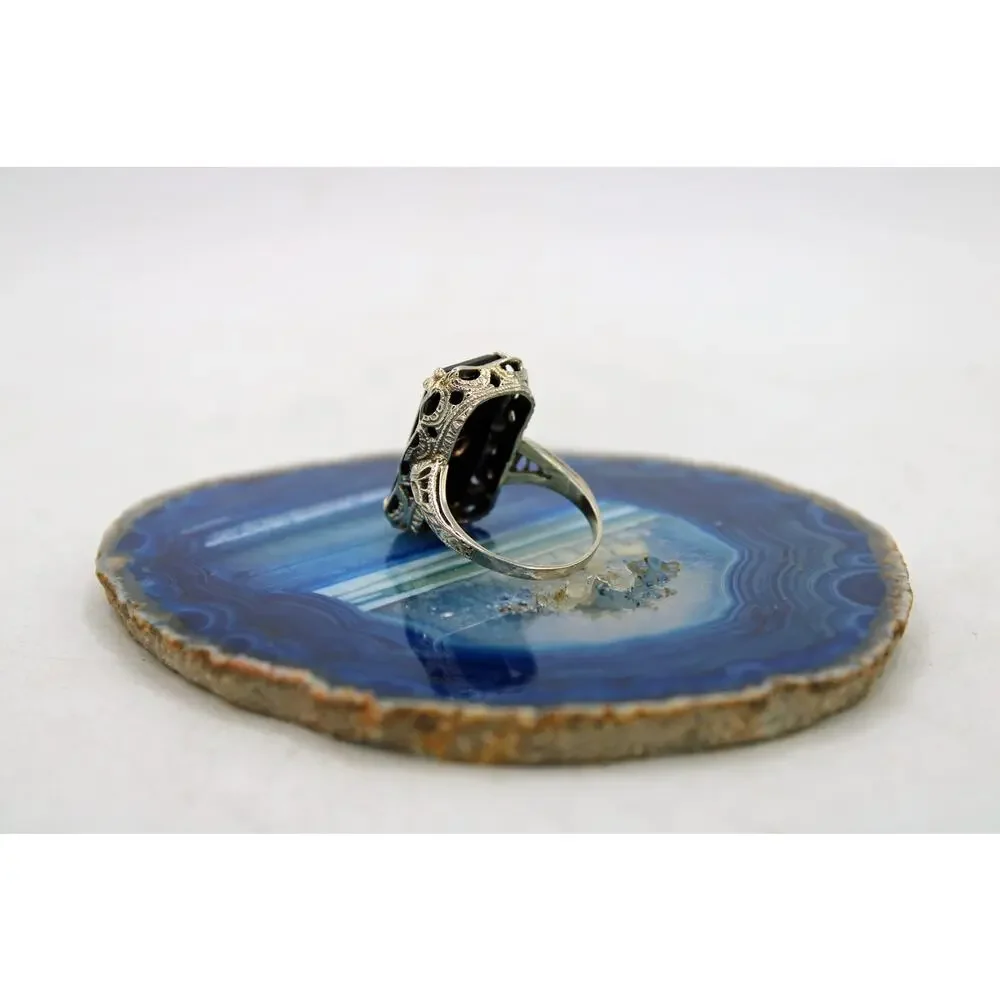Art Deco 14kt White Gold Black Onyx Diamond Filigree Ring